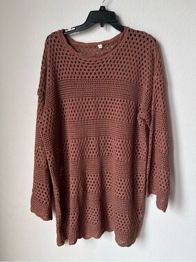 Women's Open-Knit Long Sleeve Swim Coverup in Rust